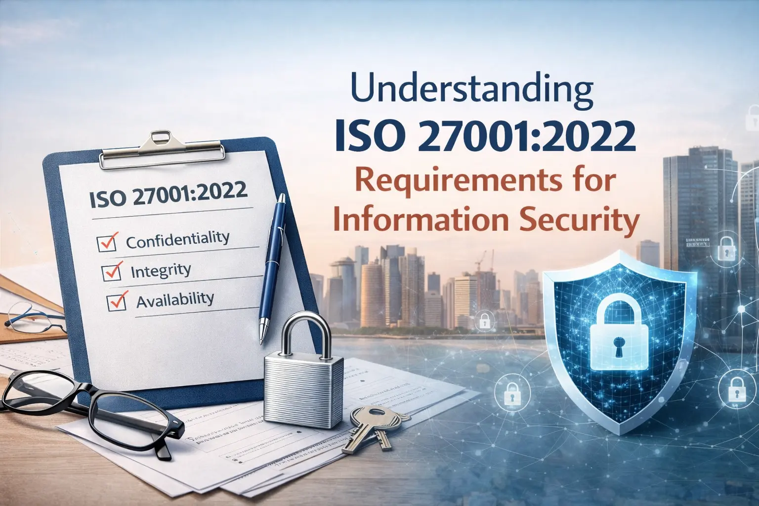 ISO 27001:2022 information security concept showing checklist with confidentiality, integrity, and availability alongside lock and security shield.