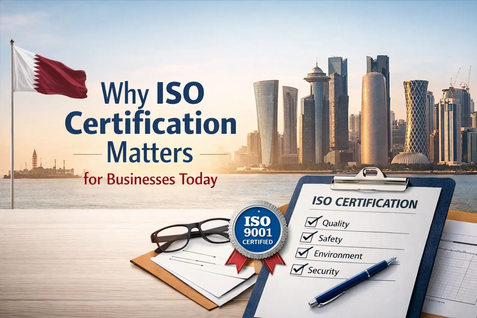 Minimal business-themed image showing ISO certification checklist with Doha skyline background representing quality, safety, and compliance standards.