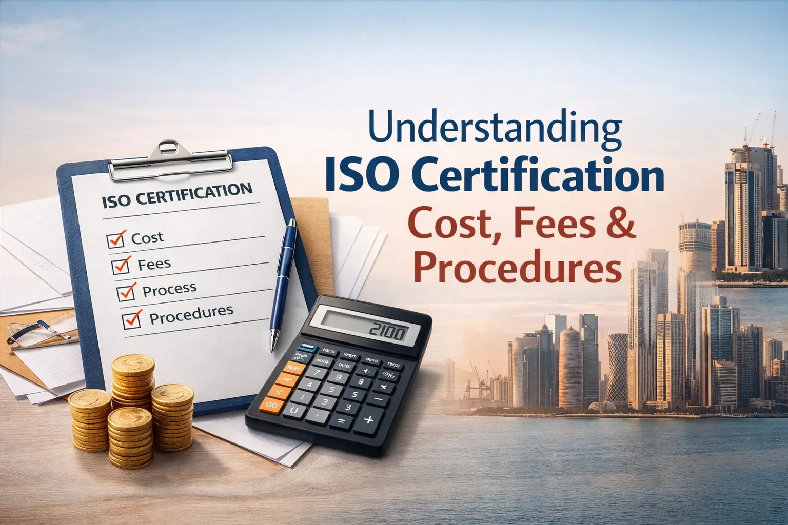 ISO certification concept showing checklist, calculator, and coins representing cost, fees, and certification procedures in a business setting.