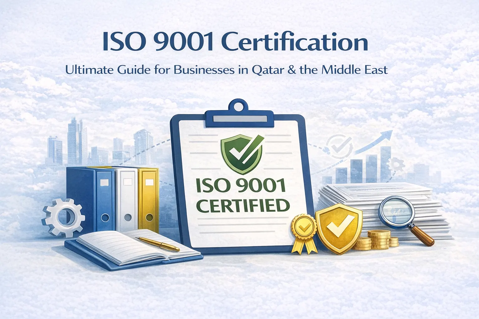 ISO 9001 certification illustration with ISO 9001 certified document, Doha skyline, and quality management icons for businesses in Qatar and the Middle East