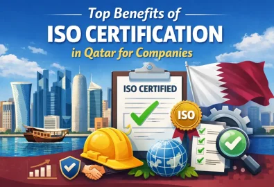 Top benefits of ISO certification in Qatar for companies, with Doha skyline and ISO certified checklist