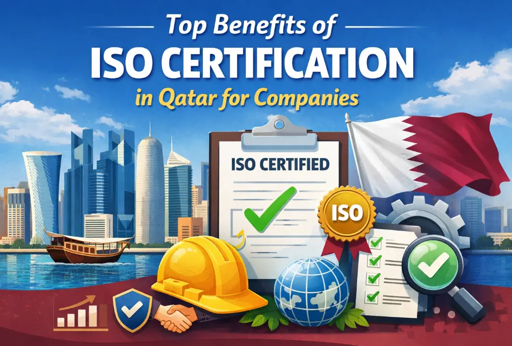 Top benefits of ISO certification in Qatar for companies, with Doha skyline and ISO certified checklist