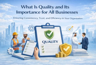 Featured image showing the title “What Is Quality and Its Importance for All Businesses” over a blue sky background with quality-themed visuals (clipboard labeled “QUALITY,” checkmarks, professionals, and approval symbols).