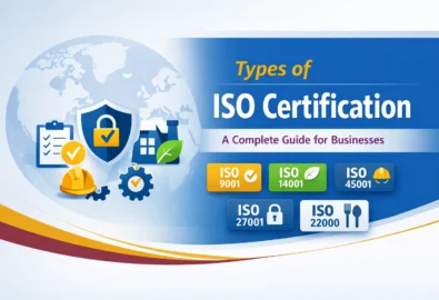 Types of ISO certification guide for businesses featuring ISO 9001, ISO 14001, ISO 45001, ISO 27001, and ISO 22000 standards