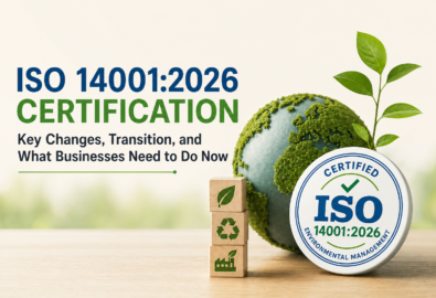 ISO 14001:2026 certification concept with green globe, sustainability icons, and environmental management badge