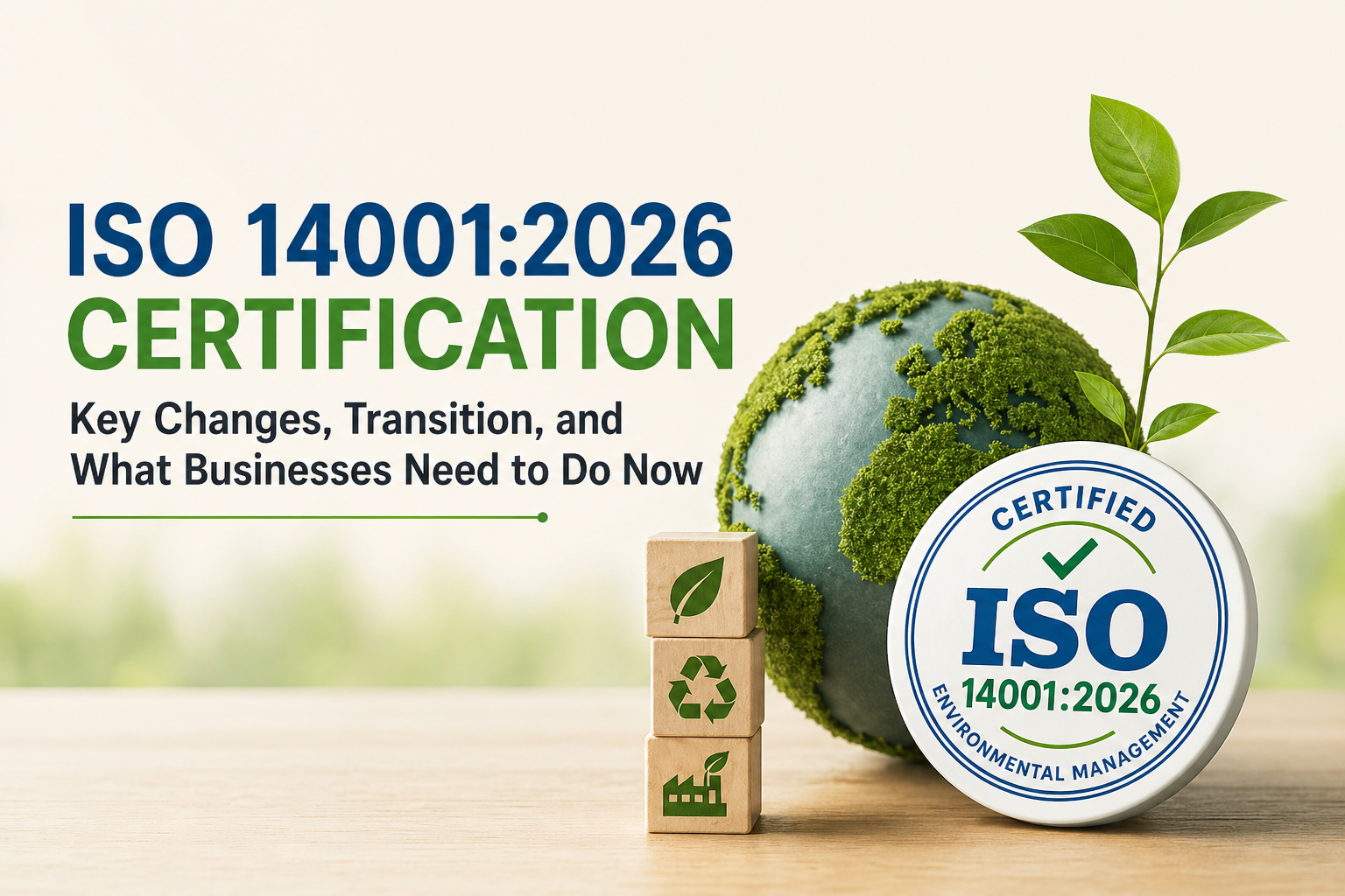 ISO 14001:2026 certification concept with green globe, sustainability icons, and environmental management badge