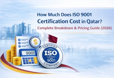 ISO 9001 certification cost in Qatar 2026 pricing guide with calculator, coins, and Doha skyline