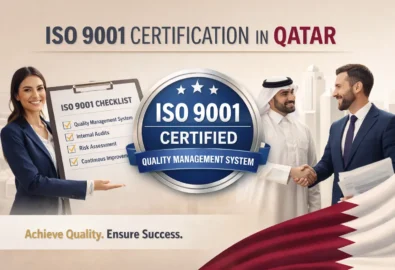 ISO 9001 certification in Qatar with professionals reviewing checklist and business handshake symbolizing quality management system implementation