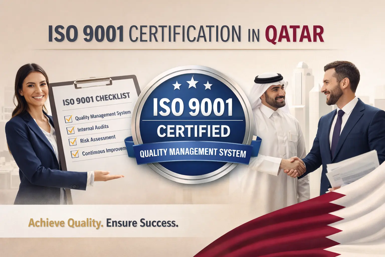 ISO 9001 certification in Qatar with professionals reviewing checklist and business handshake symbolizing quality management system implementation