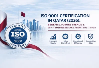 ISO 9001 certification in Qatar 2026 benefits and trends with Doha skyline and Qatari flag