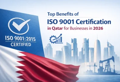 Top benefits of ISO 9001 certification in Qatar for businesses in 2026 with Doha skyline and Qatari flag