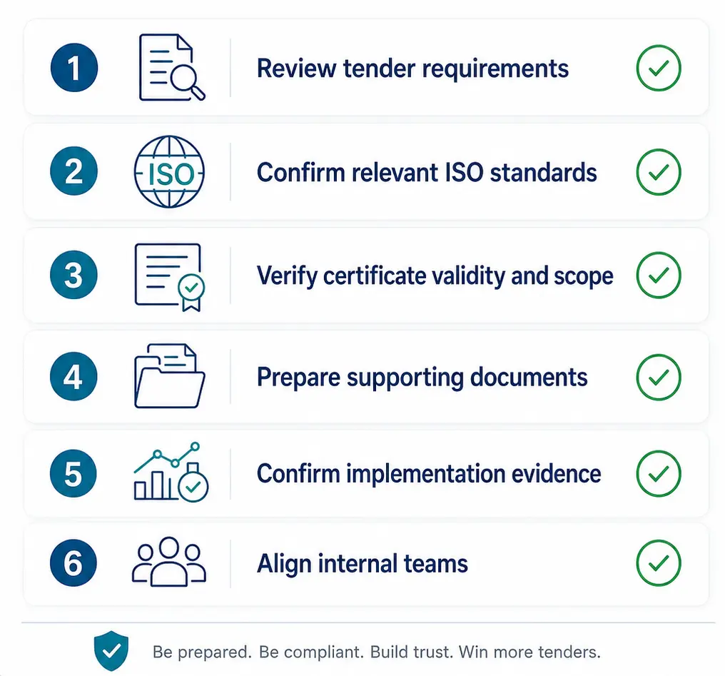 Tender submission checklist infographic showing six steps: review tender requirements, confirm relevant ISO standards, verify certificate validity and scope, prepare supporting documents, confirm implementation evidence, and align internal teams.