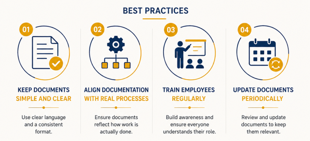 ISO 9001 best practices infographic showing four key documentation practices: keep documents simple and clear, align documentation with real processes, train employees regularly, and update documents periodically.