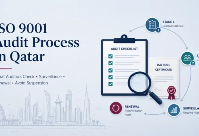 ISO 9001 Audit Process in Qatar infographic showing Stage 1 and Stage 2 audits, surveillance audits, and recertification timeline