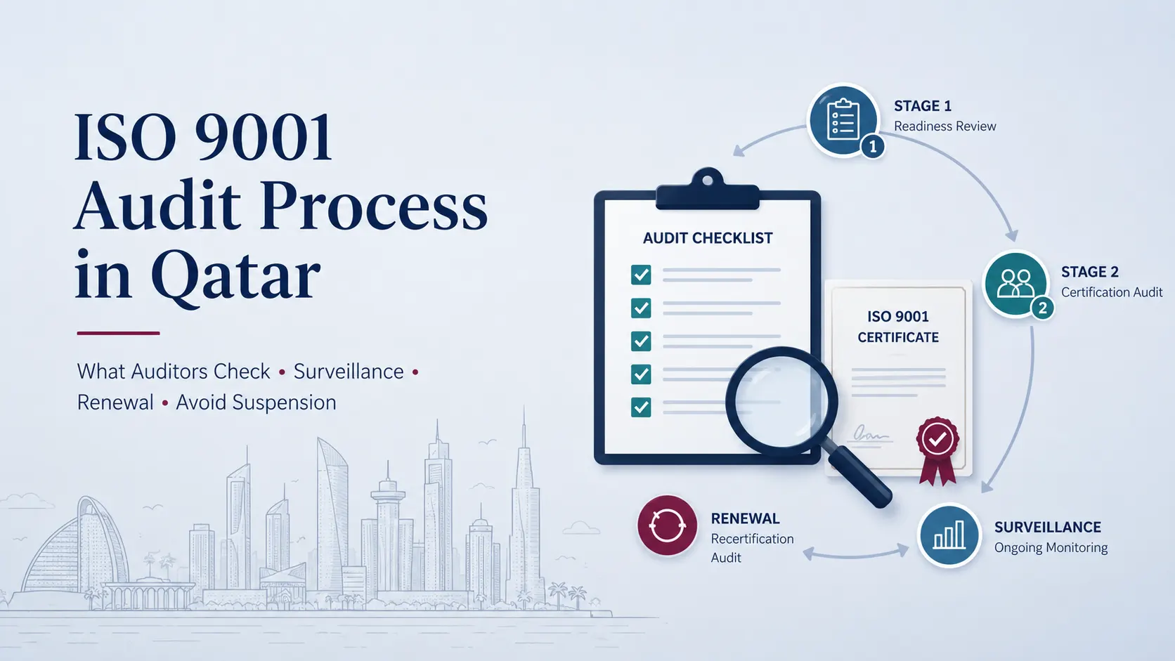 ISO 9001 Audit Process in Qatar infographic showing Stage 1 and Stage 2 audits, surveillance audits, and recertification timeline