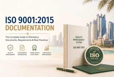 This image for ISO 9001 documentation guide showing quality management documents, compliance icons, and a professional Middle East business background representing ISO 9001 certification and audit readiness.
