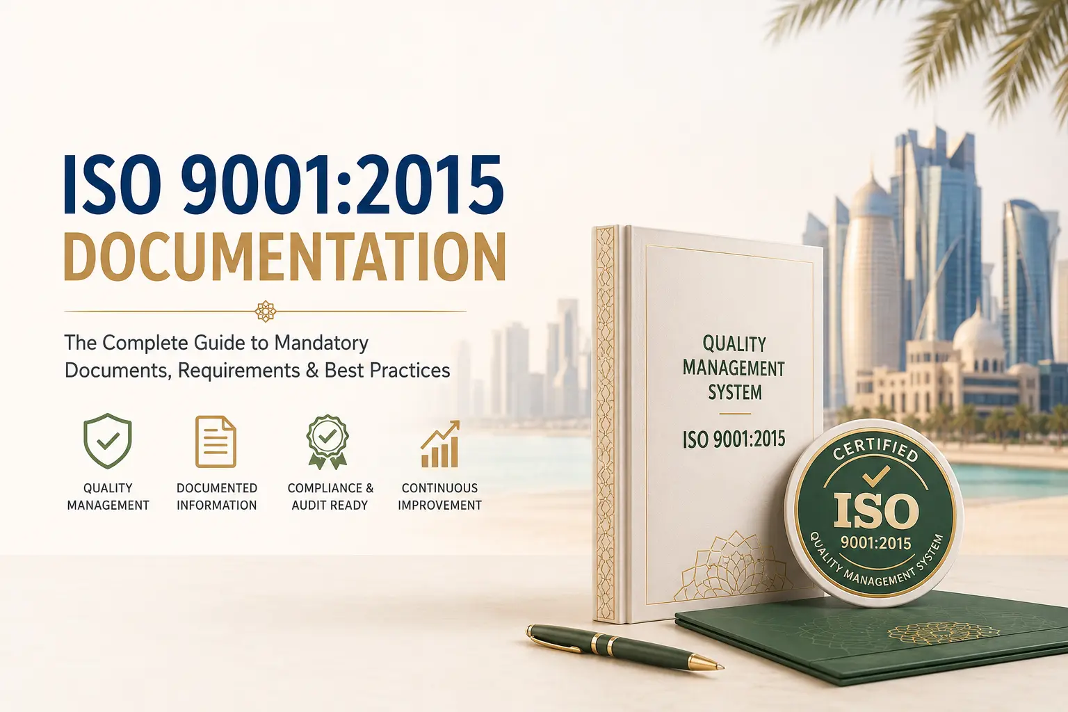This image for ISO 9001 documentation guide showing quality management documents, compliance icons, and a professional Middle East business background representing ISO 9001 certification and audit readiness.