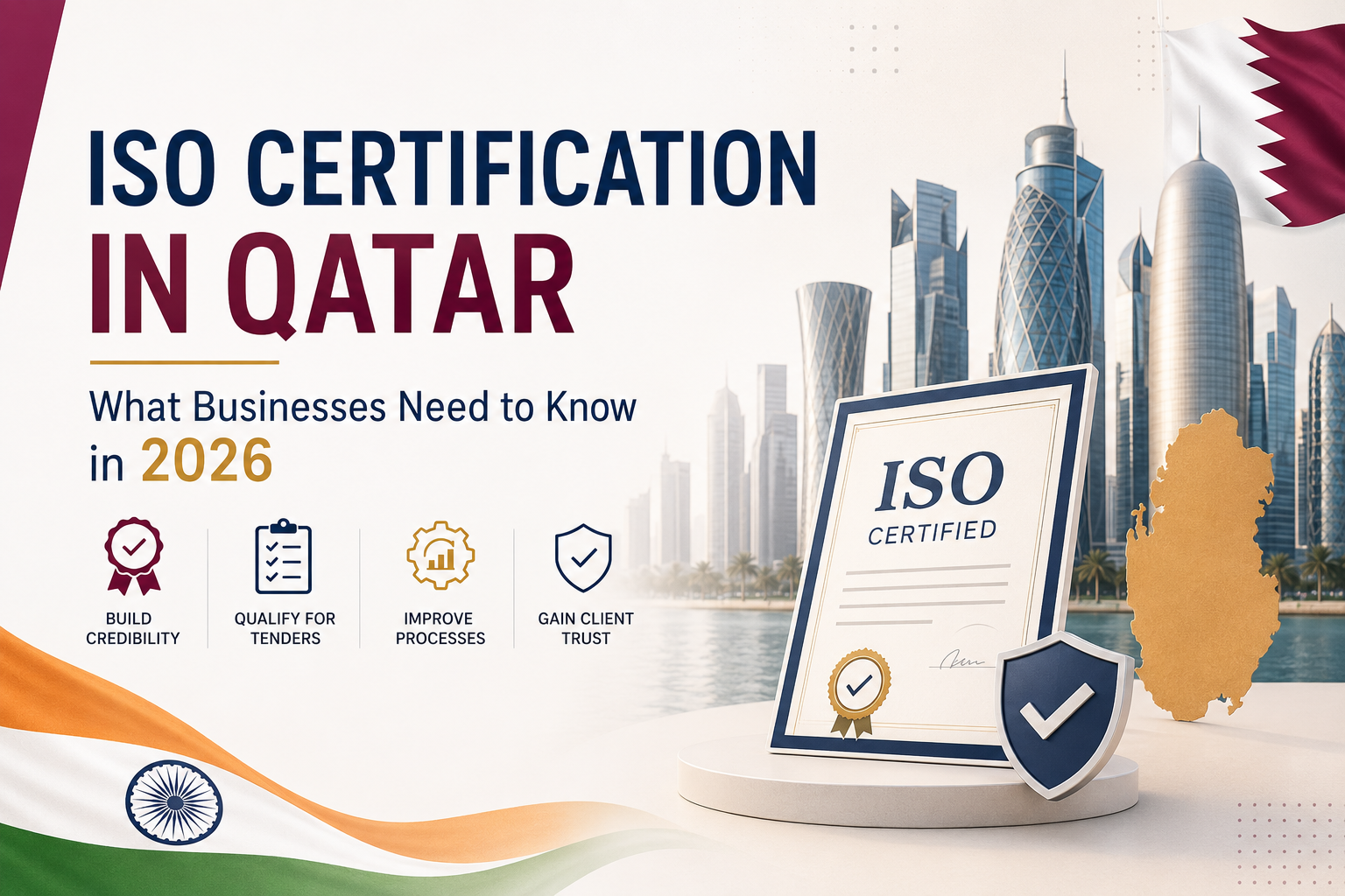 Professional featured image for “ISO Certification in Qatar: What Businesses Need to Know in 2026” showing an ISO certified document with Qatar skyline, Indian and Qatar flag elements, and business icons representing credibility, tenders, process improvement, and client trust.
