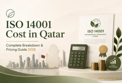 ISO 14001 Certification Cost in Qatar featured image with certificate, calculator, cost breakdown, and environmental management visuals.
