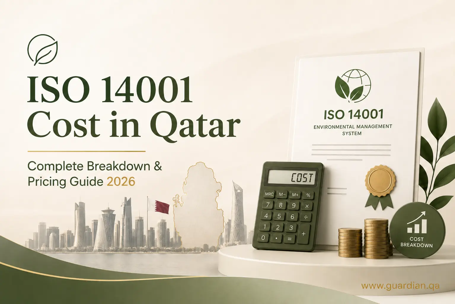 ISO 14001 Certification Cost in Qatar featured image with certificate, calculator, cost breakdown, and environmental management visuals.