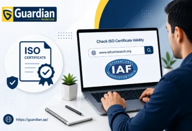 Professional illustration showing ISO certificate verification online using IAF CertSearch on a laptop, with ISO certificate icon and Guardian Middle East branding.