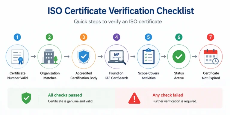 ISO certificate verification checklist showing the process for verifying ISO certification in Qatar, including certificate number validation, organization name matching, accredited certification body confirmation, IAF CertSearch verification, scope review, active certificate status, and expiry date validation.