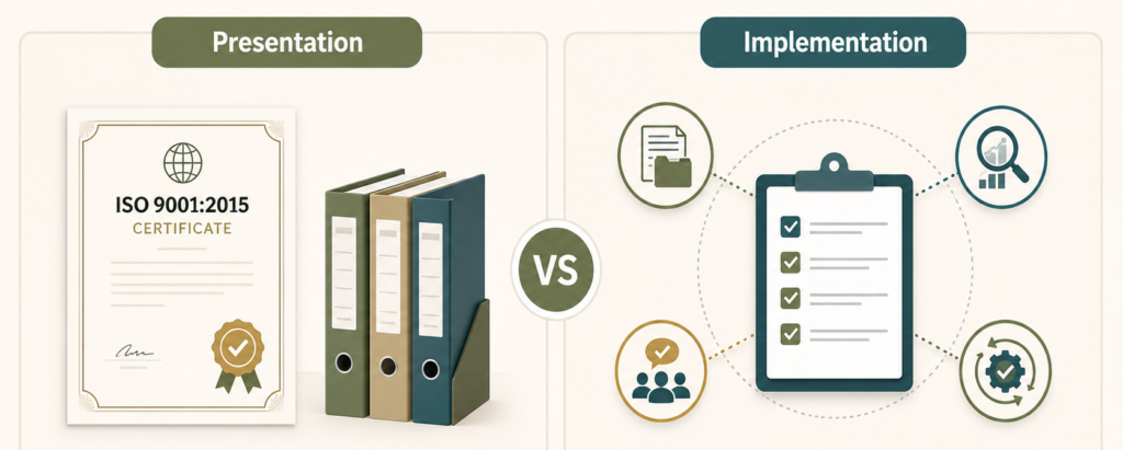 Comparison infographic showing ISO certificate presentation versus actual implementation, emphasizing that effective ISO Certification in Qatar requires documented processes, audits, performance monitoring, employee involvement, and continual improvement.