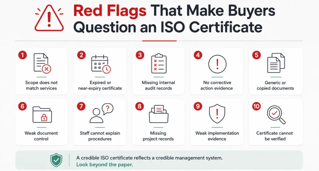 Infographic highlighting 10 red flags that make buyers question an ISO certificate, including scope mismatch, expired certificates, missing audit records, weak implementation evidence, and unverifiable certification, relevant to ISO Certification in Qatar.