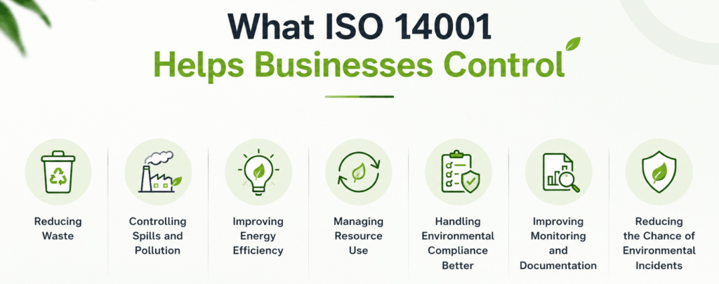 ISO 14001 certification infographic showing how an Environmental Management System helps businesses control waste, pollution, energy use, resource management, compliance, documentation, and environmental risks.