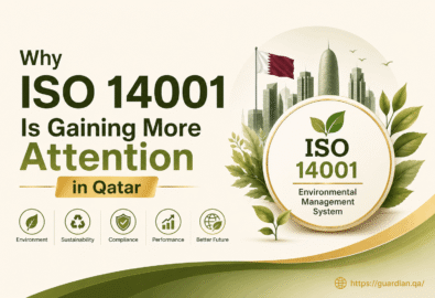 ISO 14001 certification in Qatar showing environmental management system, sustainability, compliance, and business benefits with green and gold design.