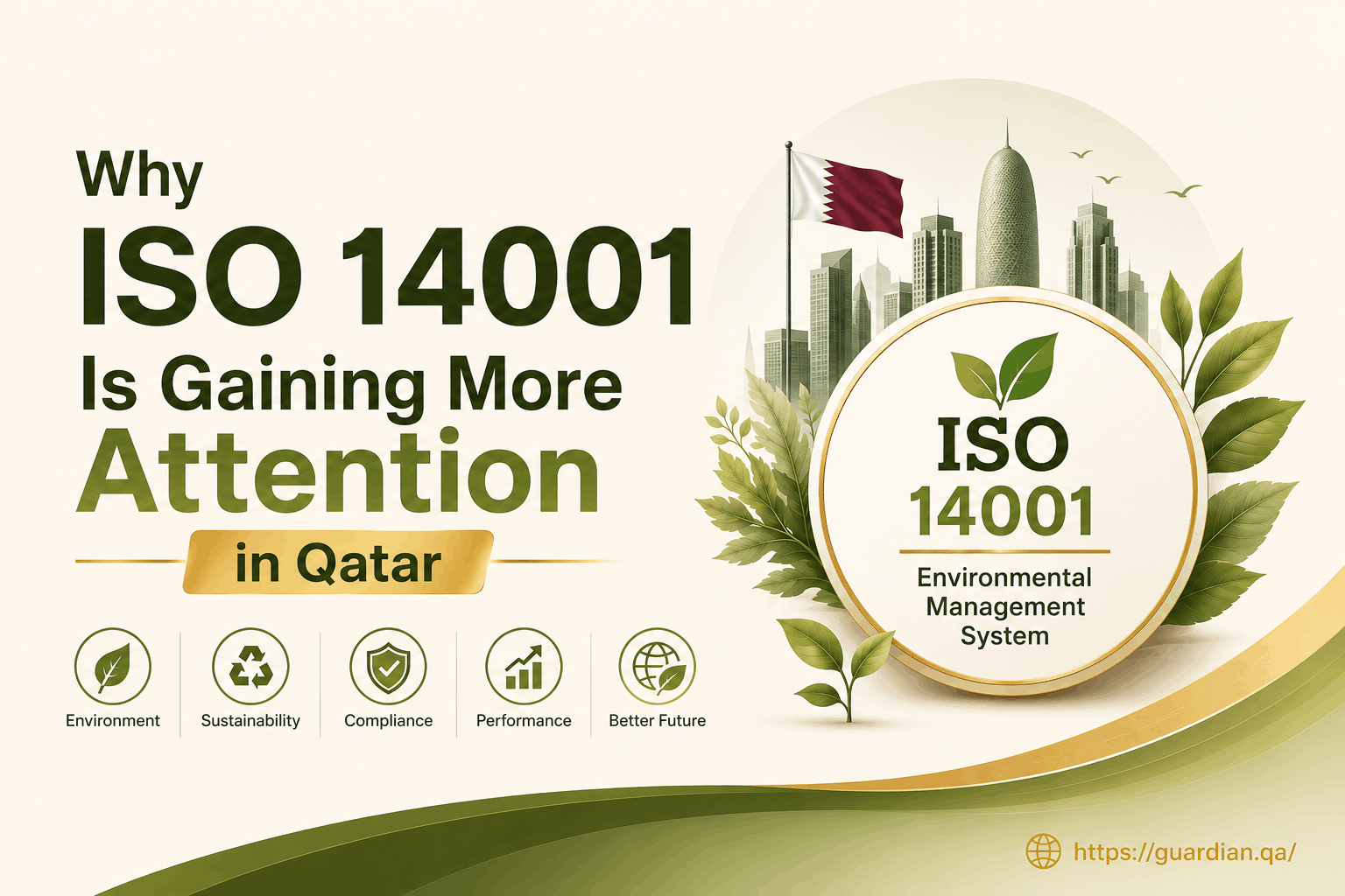 ISO 14001 certification in Qatar showing environmental management system, sustainability, compliance, and business benefits with green and gold design.