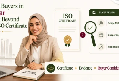 Professional businesswoman wearing a hijab reviewing supplier evaluation documents beside an ISO certificate, illustrating how buyers assess ISO certification in Qatar through evidence, implementation, and compliance records.