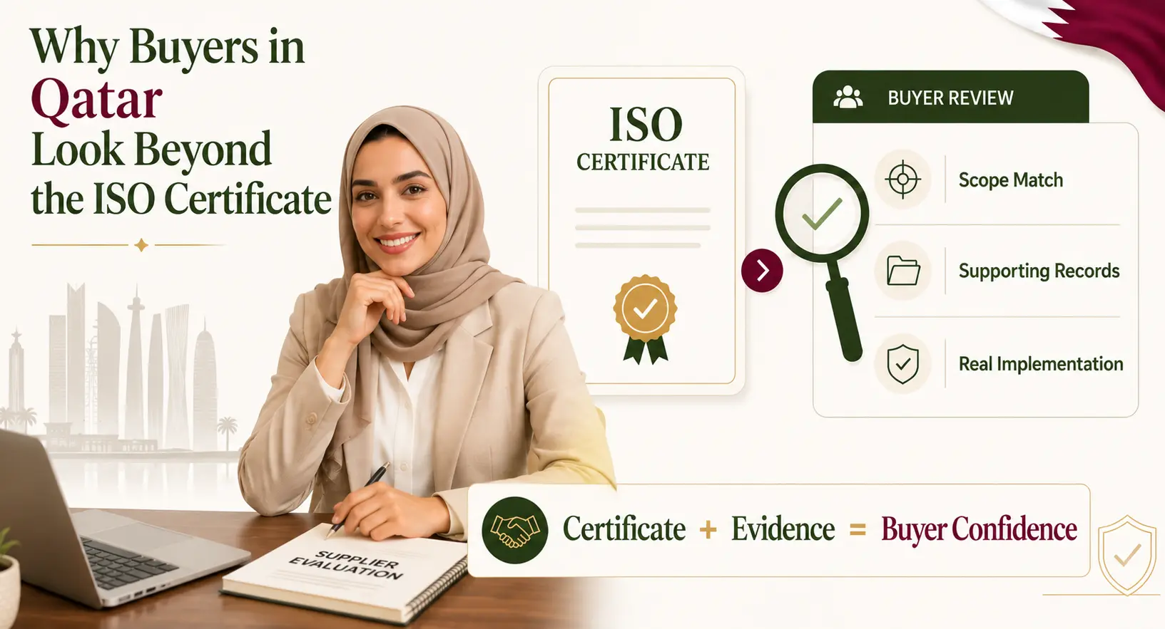 Professional businesswoman wearing a hijab reviewing supplier evaluation documents beside an ISO certificate, illustrating how buyers assess ISO certification in Qatar through evidence, implementation, and compliance records.