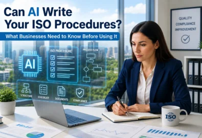 Professional reviewing AI-generated ISO procedures in a modern office, illustrating how AI supports ISO documentation while human expertise ensures compliance and audit readiness.