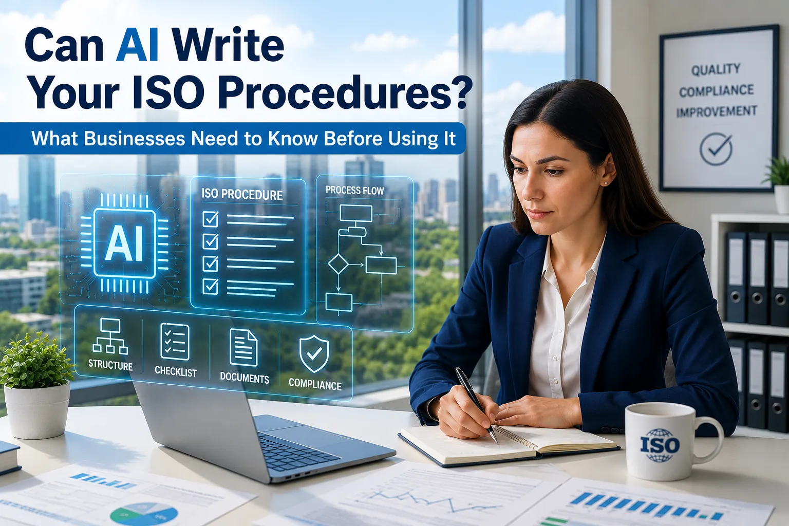 Professional reviewing AI-generated ISO procedures in a modern office, illustrating how AI supports ISO documentation while human expertise ensures compliance and audit readiness.