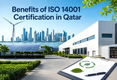 Benefits of ISO 14001 certification in Qatar shown with a sustainable business facility, solar panels, wind energy, greenery, and environmental management documentation.