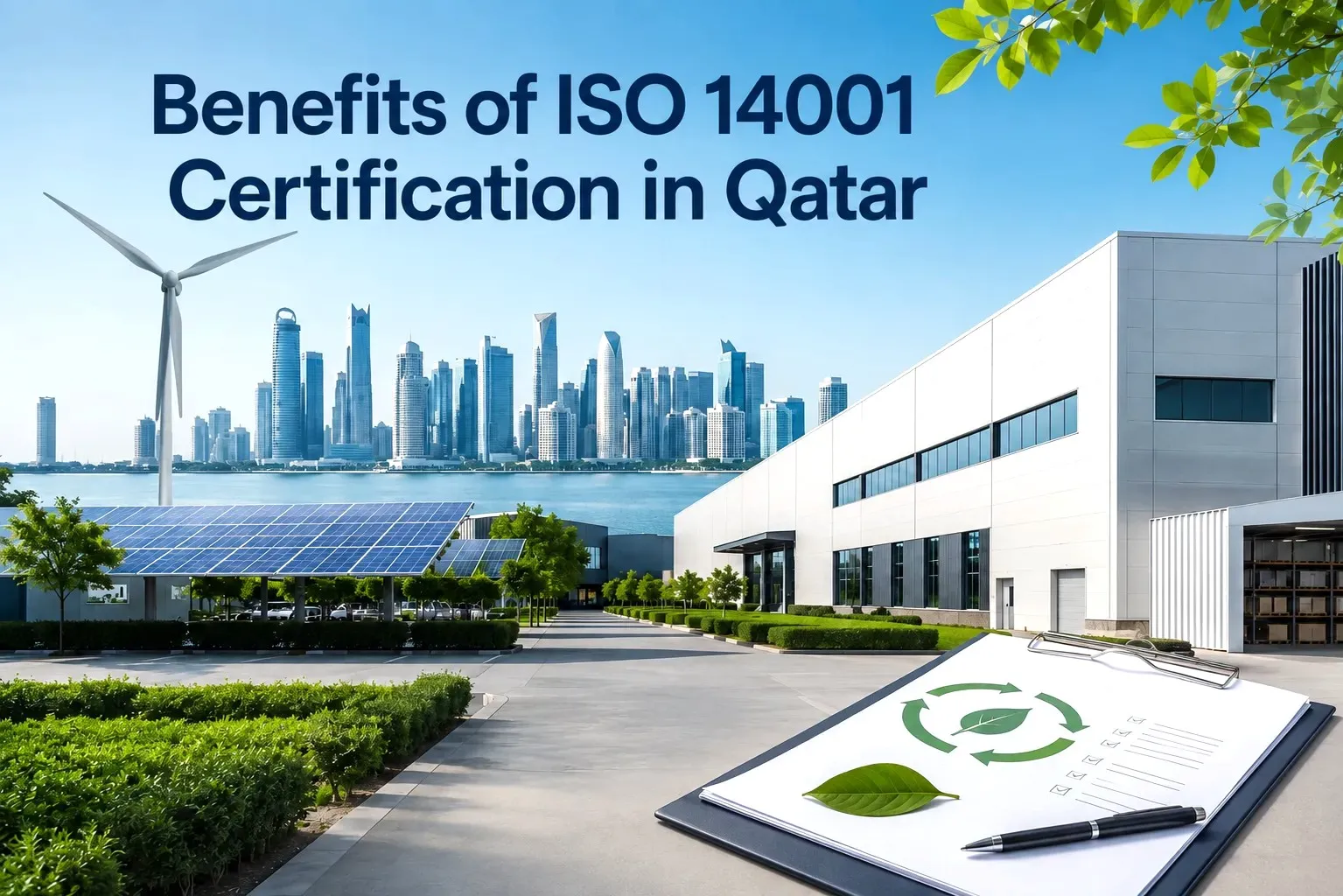 Benefits of ISO 14001 certification in Qatar shown with a sustainable business facility, solar panels, wind energy, greenery, and environmental management documentation.