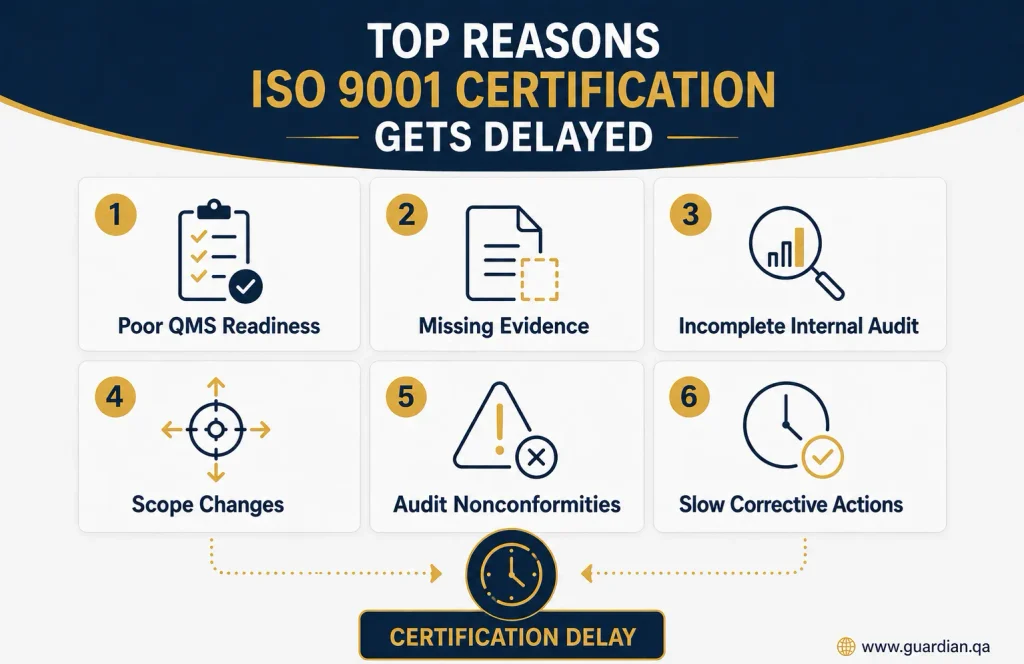 Top reasons ISO 9001 certification gets delayed, including poor QMS readiness, missing evidence, incomplete audits and corrective actions.