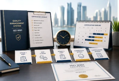 ISO 9001 certification workflow showing audit stages, corrective actions, certification decision and timeline planning.