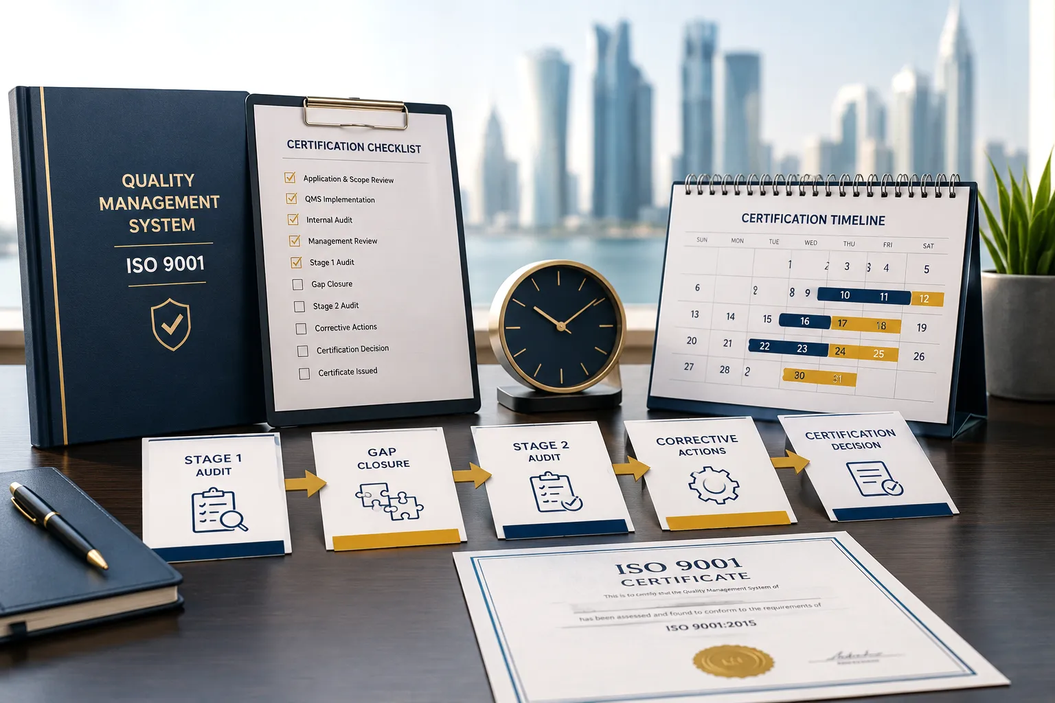 ISO 9001 certification workflow showing audit stages, corrective actions, certification decision and timeline planning.
