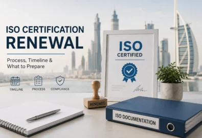 ISO certification renewal in the Middle East with certification documents, renewal stamp and ISO documentation