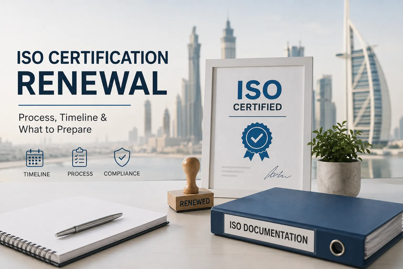 ISO certification renewal in the Middle East with certification documents, renewal stamp and ISO documentation