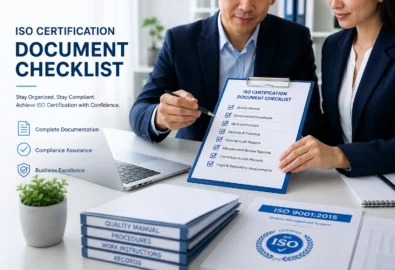 Professional business team reviewing ISO certification documents, checklist, and compliance papers in a modern office setting