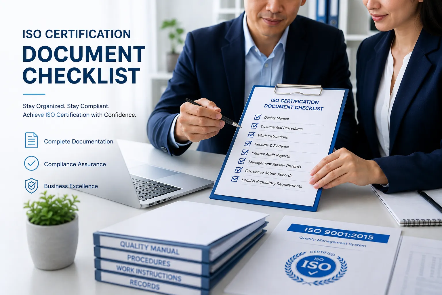 Professional business team reviewing ISO certification documents, checklist, and compliance papers in a modern office setting
