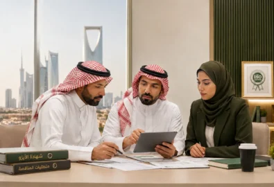 Saudi business team reviewing ISO certification and government tender documents before submitting a bid
