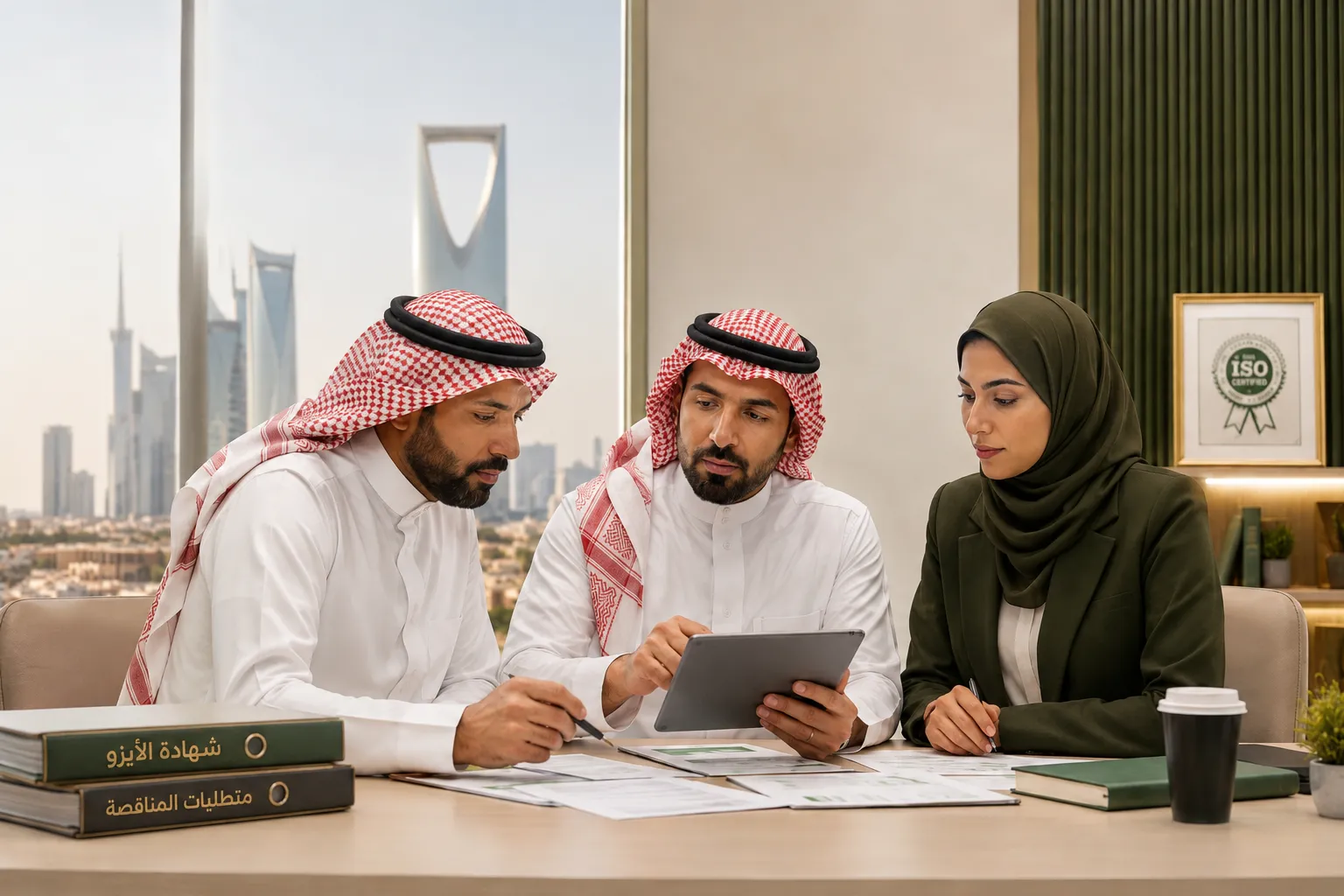 Saudi business team reviewing ISO certification and government tender documents before submitting a bid