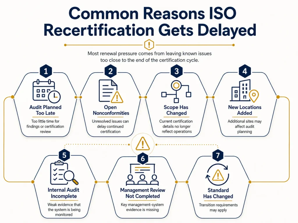 Common reasons ISO recertification gets delayed including late audit planning, open nonconformities, scope changes and incomplete reviews