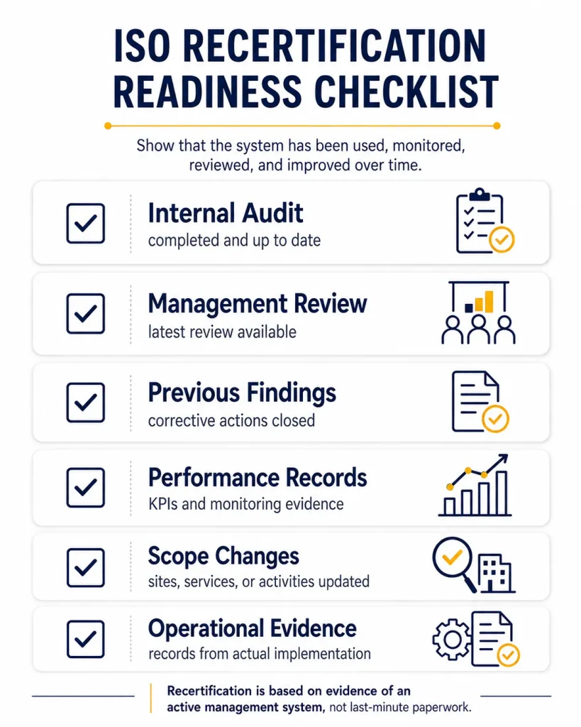 ISO recertification readiness checklist covering internal audit, management review, previous findings, performance records, scope changes and operational evidence