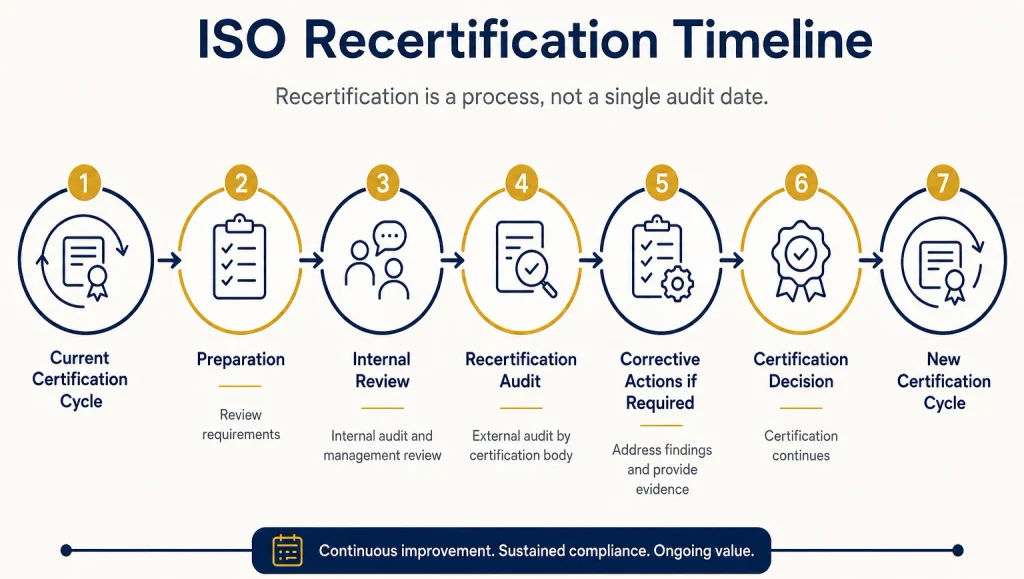 ISO recertification timeline showing preparation, internal review, recertification audit, corrective actions and certification decision