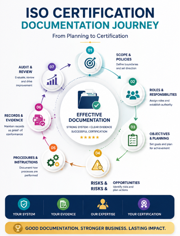 ISO certification documentation journey infographic showing seven steps from planning to certification, including scope and policies, roles and responsibilities, objectives and planning, risks and opportunities, procedures and instructions, records and evidence, and audit and review.